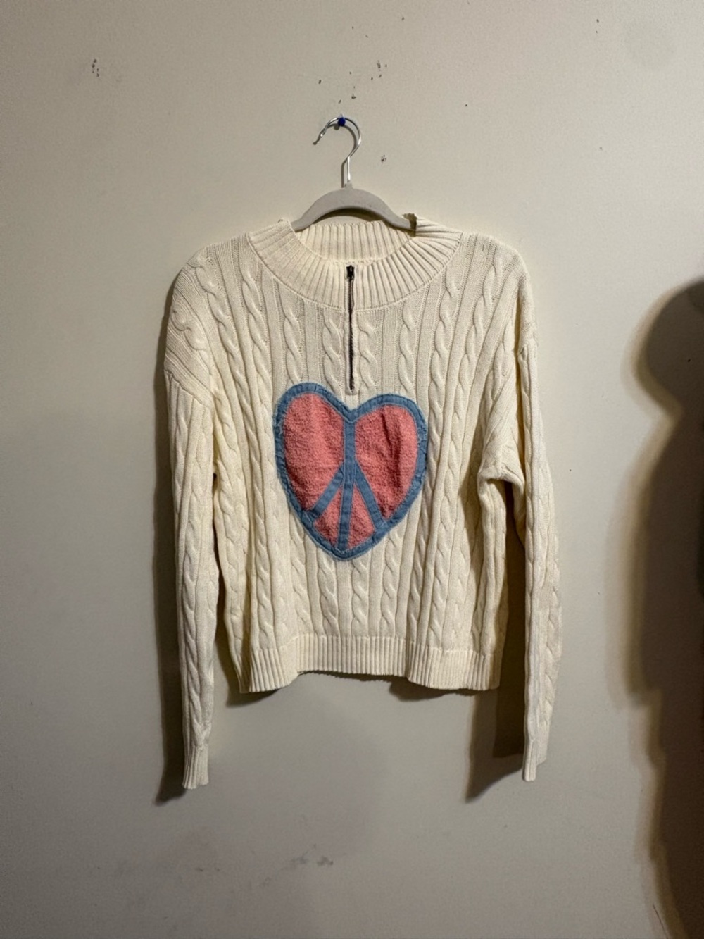 POL sweater women’s small Cream Cable-Knit Heart Peace Sweater Pink & Blue